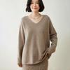 Women's V-Neck Cashmere Bodycon Knit Sweater, Solid Color, Medium-Length, Long Sleeve, Casual Loose Pullover.
