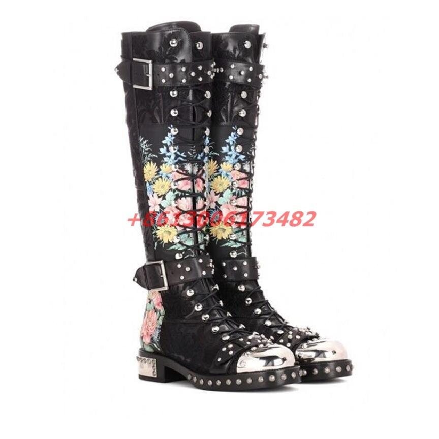 woman punk style beading black leather knee boot flat heel metal toe
