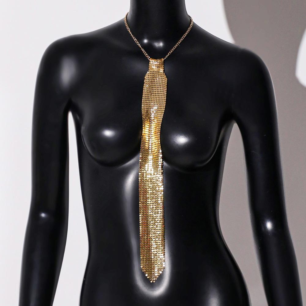 Narrow Metal Sequin Necktie Soft Glitter Cravat Shiny Crystal Rhinestone Neck Tie  Music Festival