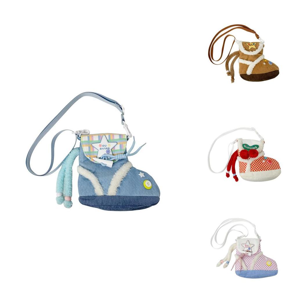 Plush Cartoon Shoe Shaped Shoulder Bag For Girls With Zipper Closure And Inner Pouch