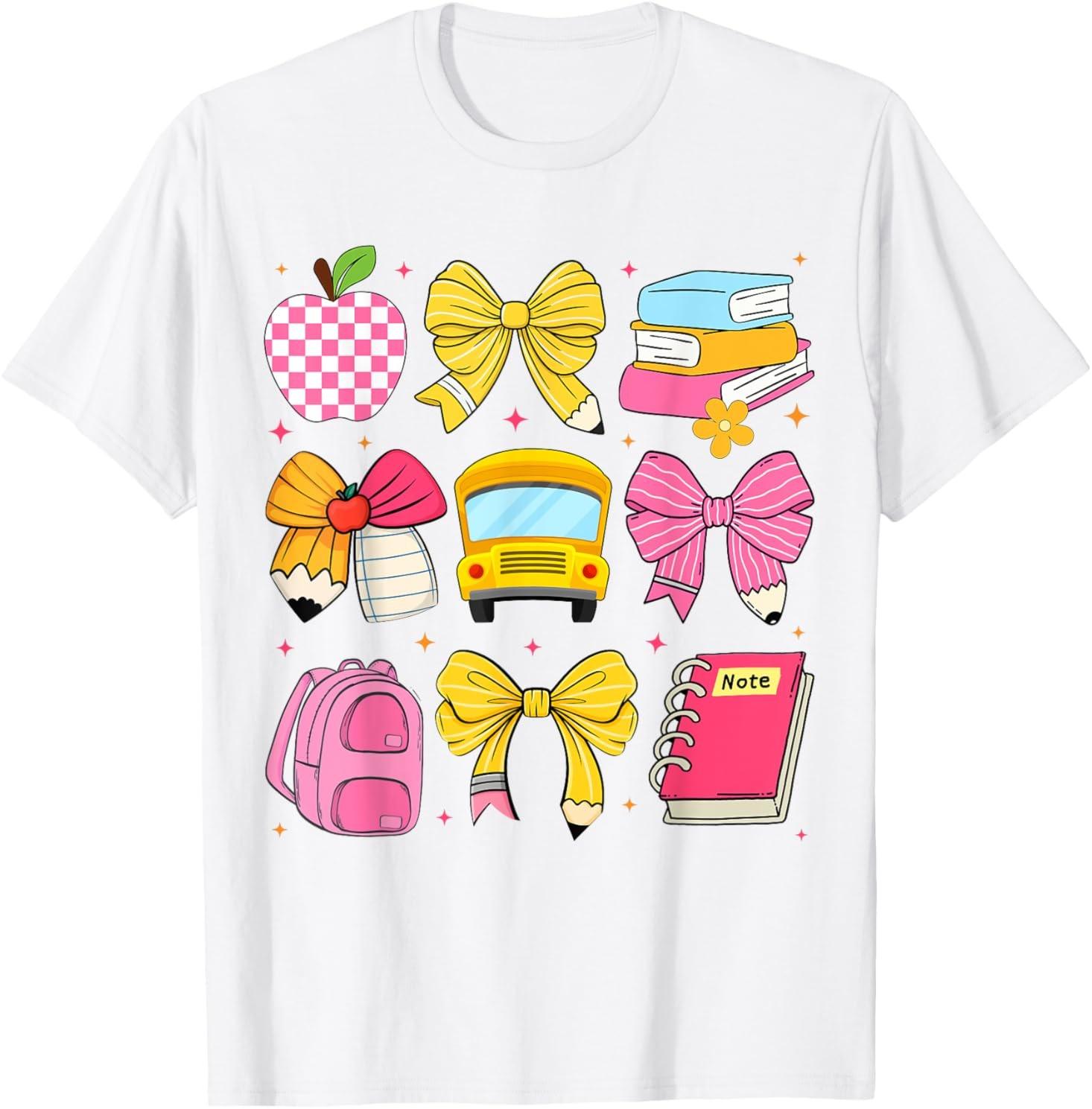Back To School Coquette Bow Pencil School Bus Students Girls T-Shirt Mens Womens Tees Top 2XL