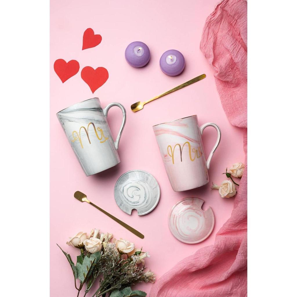 Ceramic Marble Finish Coffee Mug With Lid & Spoon For Anniversary Wedding Engagement Valentine Gifts For Couple 380 ML