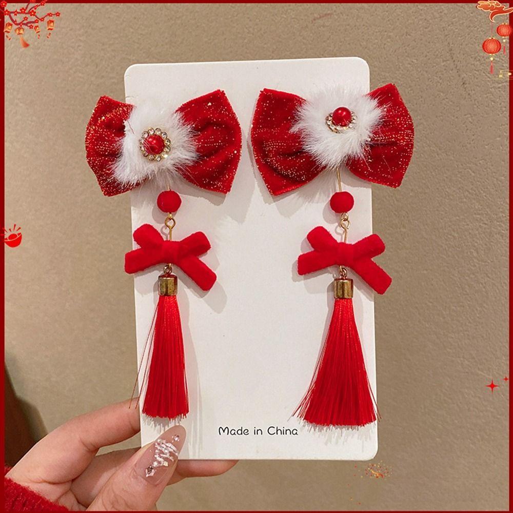 Plush Chinese New Year Headwear Tassel Hanfu Hair Sticks Sweet Children Red Bow Hairpin Baby