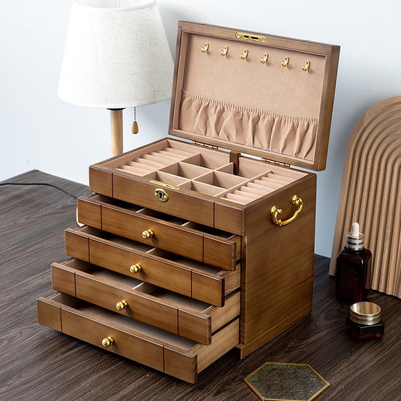 Exquisite Vintage Solid Wood Jewelry Box with Lock for Necklaces, Earrings, and Rings