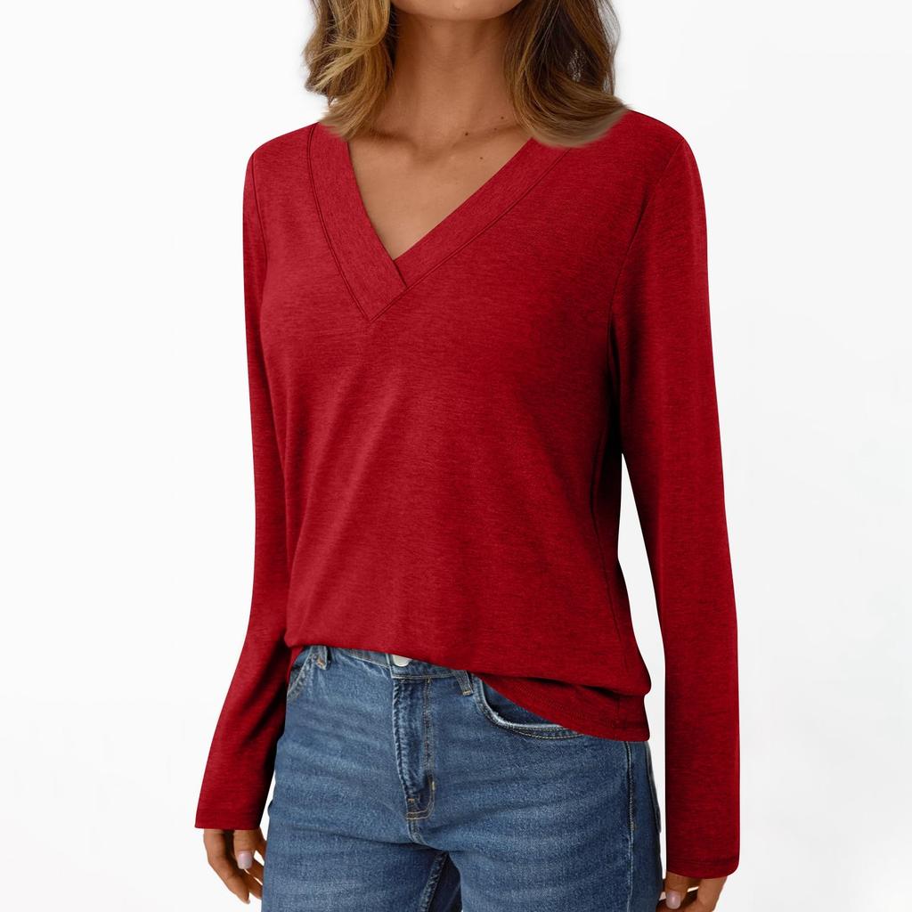 Women's Casual Fashion Brushed Solid Color Long-sleeved V-neck Top T-shirt