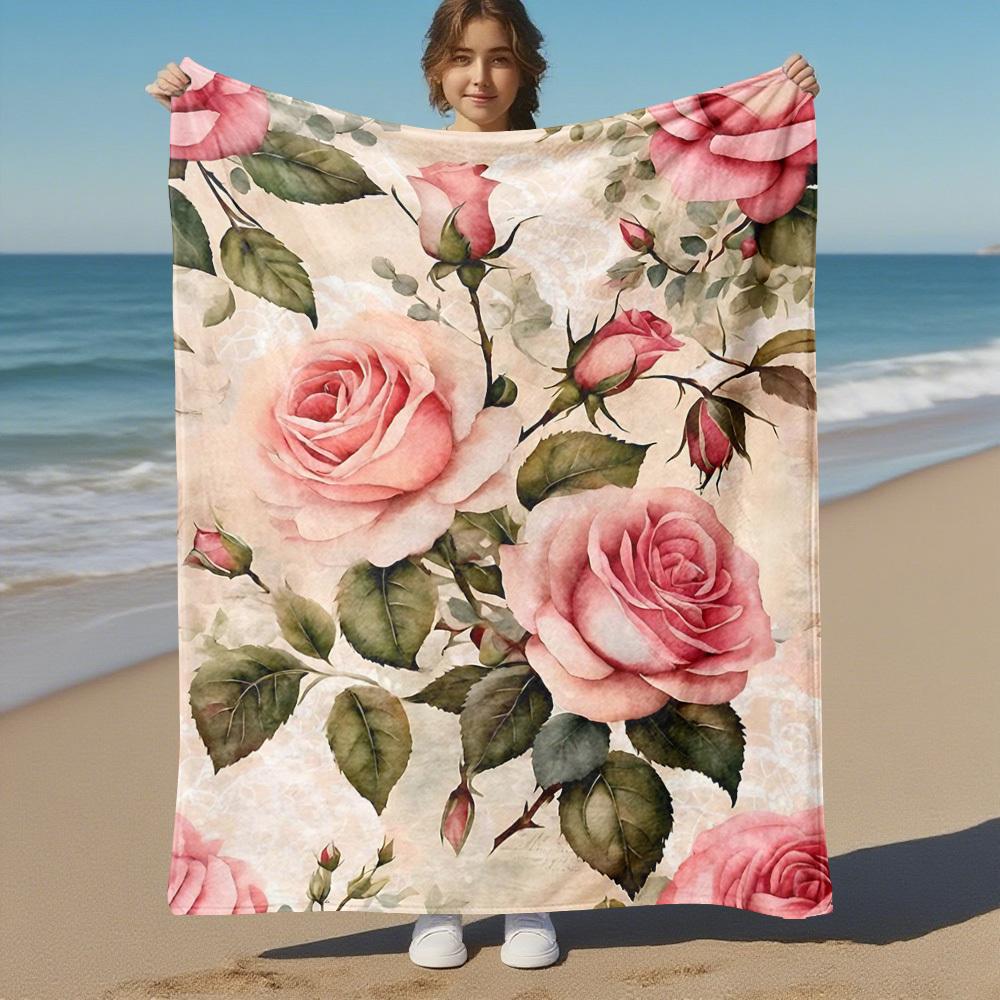 1PC Rose LaceOutdoor Flannel Blanket - Soft Plush Decor for Picnics, camping, Bedroom, Playroom, Office, or Lunch Break 1337A