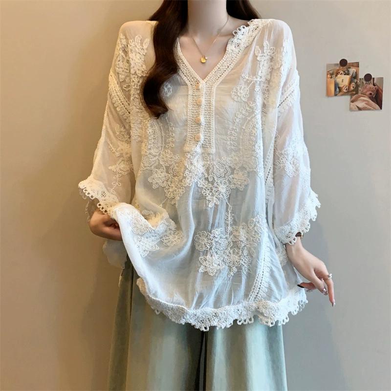 DIMANAF 2025 Nouă Cămașă de Vară cu Butoni la Gât în V Femei Bluză Dantelă Mânecă Scurtă Topuri Fashion Tricouri Casual Largi Tricouri Verzi