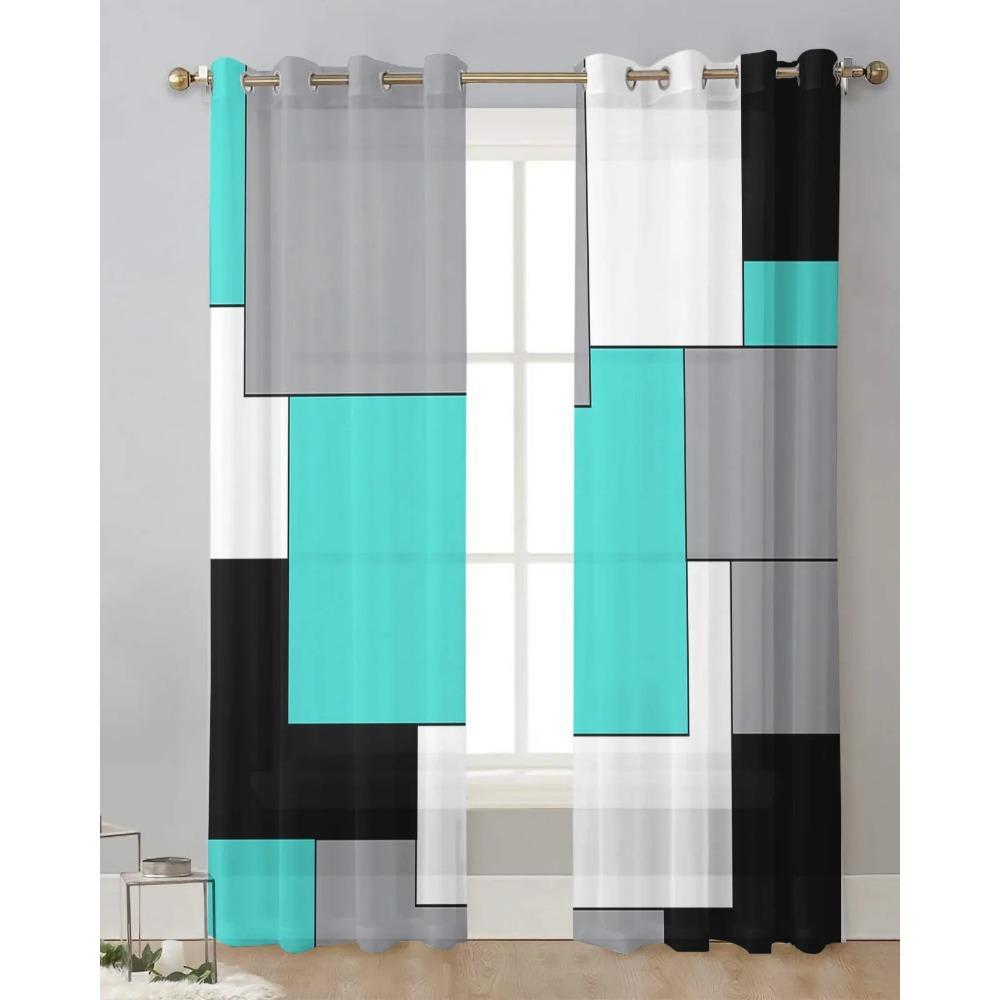 Aqua Turquoise Black Grey Patchwork Abstract Art Sheer Curtains Living Room Decoration Window Curtain Kitchen Tulle Voile Drapes
