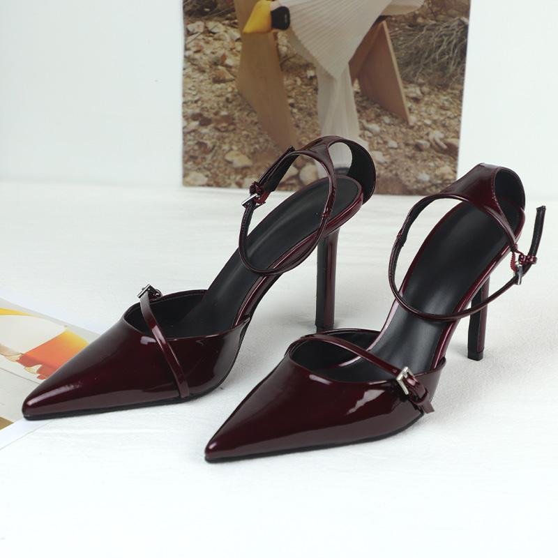 

Мода 2025 Новые Женские Босоножки на Высоком Каблуке Гламурные Лакированные Туфли-Лодочки с Острым Носком на Шпильке Женская Обувь Ремешок на Щиколотке Элегантность Свадебные Туфли 42 вино красного