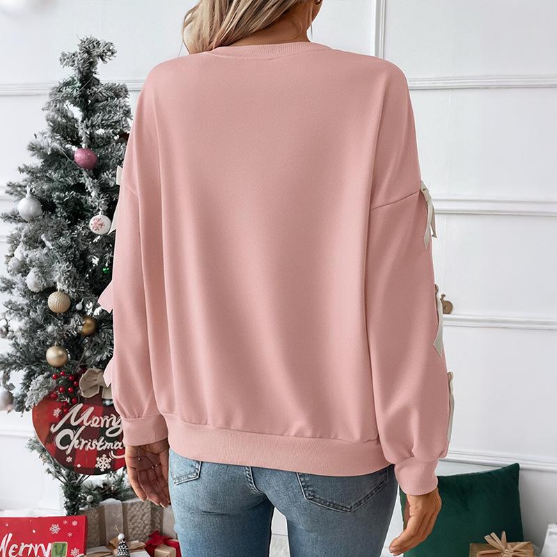 Weihnachts-Sweatshirts für Damen Süßes Schleifen-Sweatshirt Oversized Rundhals-Sweatshirt Ohne Kapuze Weihnachten Herbst Y2k Oberteile Pullover