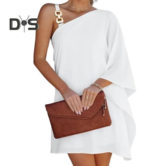 

Летнее женское платье с одним рукавом «летучая мышь» с открытыми плечами, нерегулярный принт, наклонный вырез, свободная цепочка, декор, пляжное мини-платье для отпуска L белый