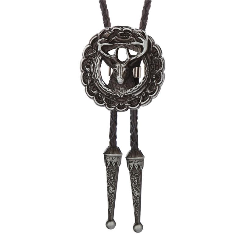 

Western Bolo Tie Vintage Antiqued Metal Elk Head Pendant Shirt Chain Collar Necktie Faux Leather Rope Jewelry Necklace серебряный