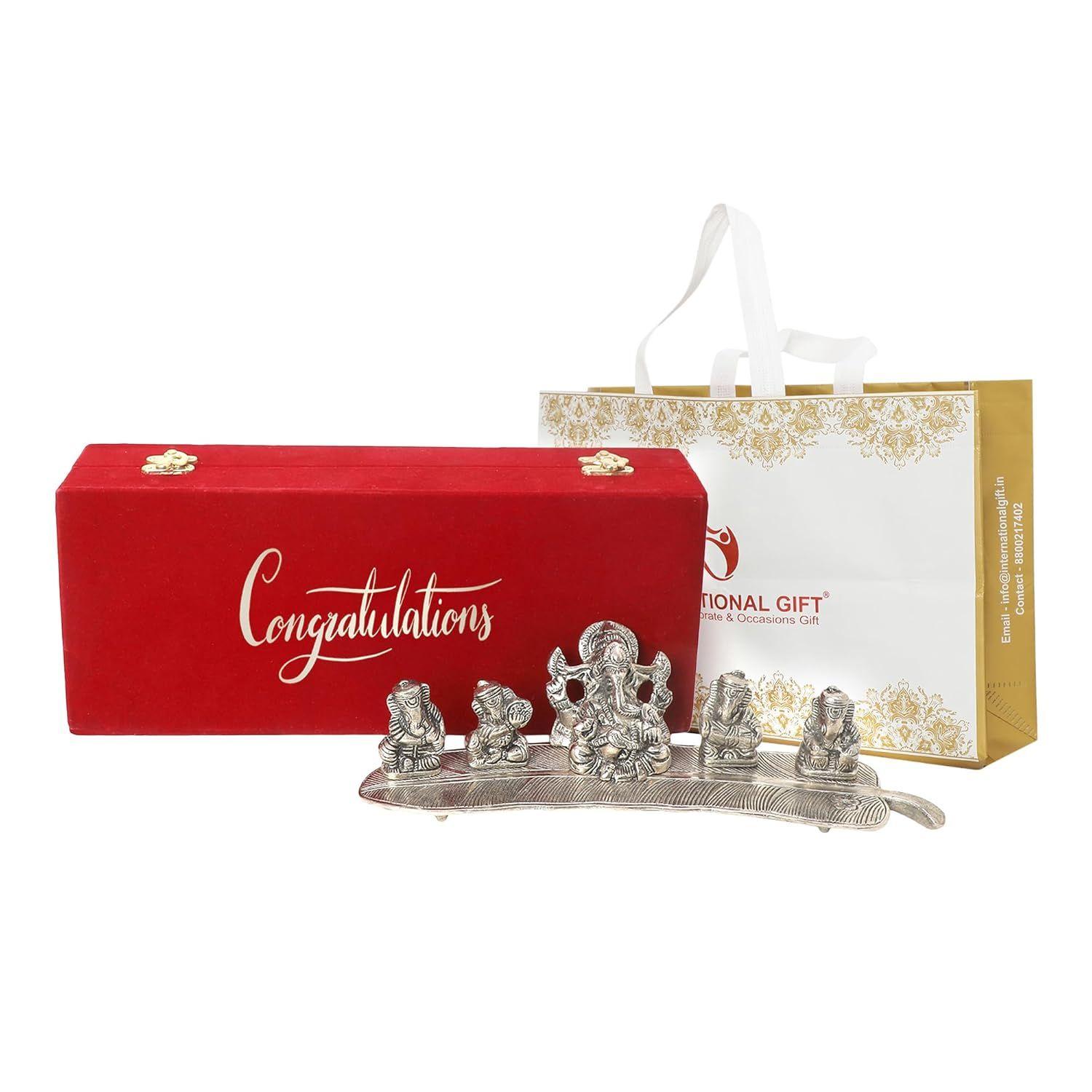 

GIFT Silver Musical Ganesh Idol | Congratulations Tag with Velvet Box & Carry Bag | Perfect for Wedding Gifts