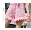 2025 Korean Style Pink Raw Hem Tassel Denim A-line Shorts for Women - Summer Street Style