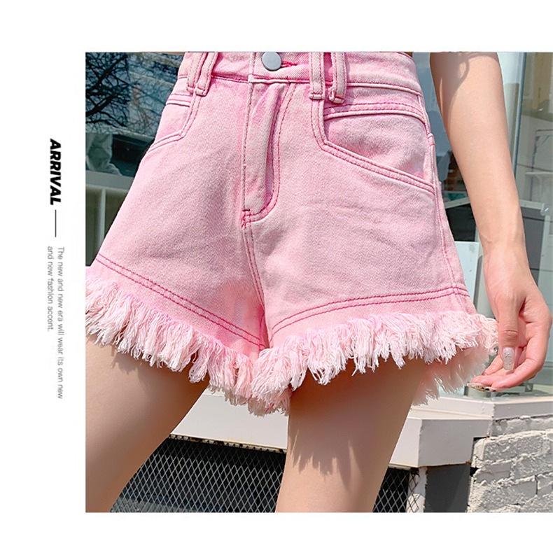 2025 Korean Style Pink Raw Hem Tassel Denim A-line Shorts for Women - Summer Street Style