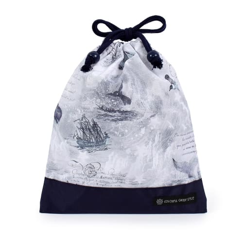 COLORFUL CANDY STYLE Drawstring Lunch Bag, Medium, No Gusset (with Name Tag), Water-Repellent, No-Iron, Whale and Logbook Design, Lightweight, Stain-R