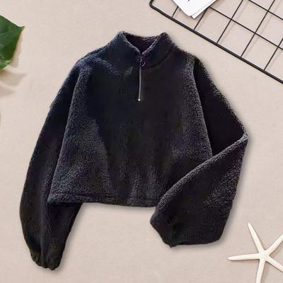 Women Winter Sweatshirt with Drawstring Hem Half-high Collar Thick Fleece Zipper Coat Neck Protection Short Type Long Sleeves Keep Warm Top