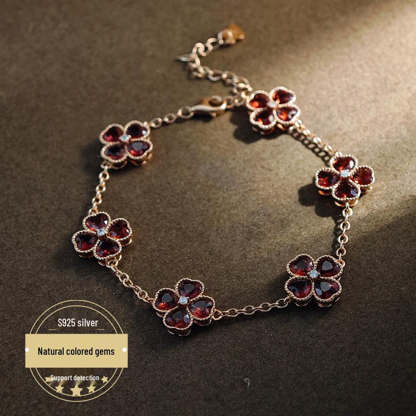 Natural Garnet Four-Leaf Clover Bracelet with S925 Silver for Women