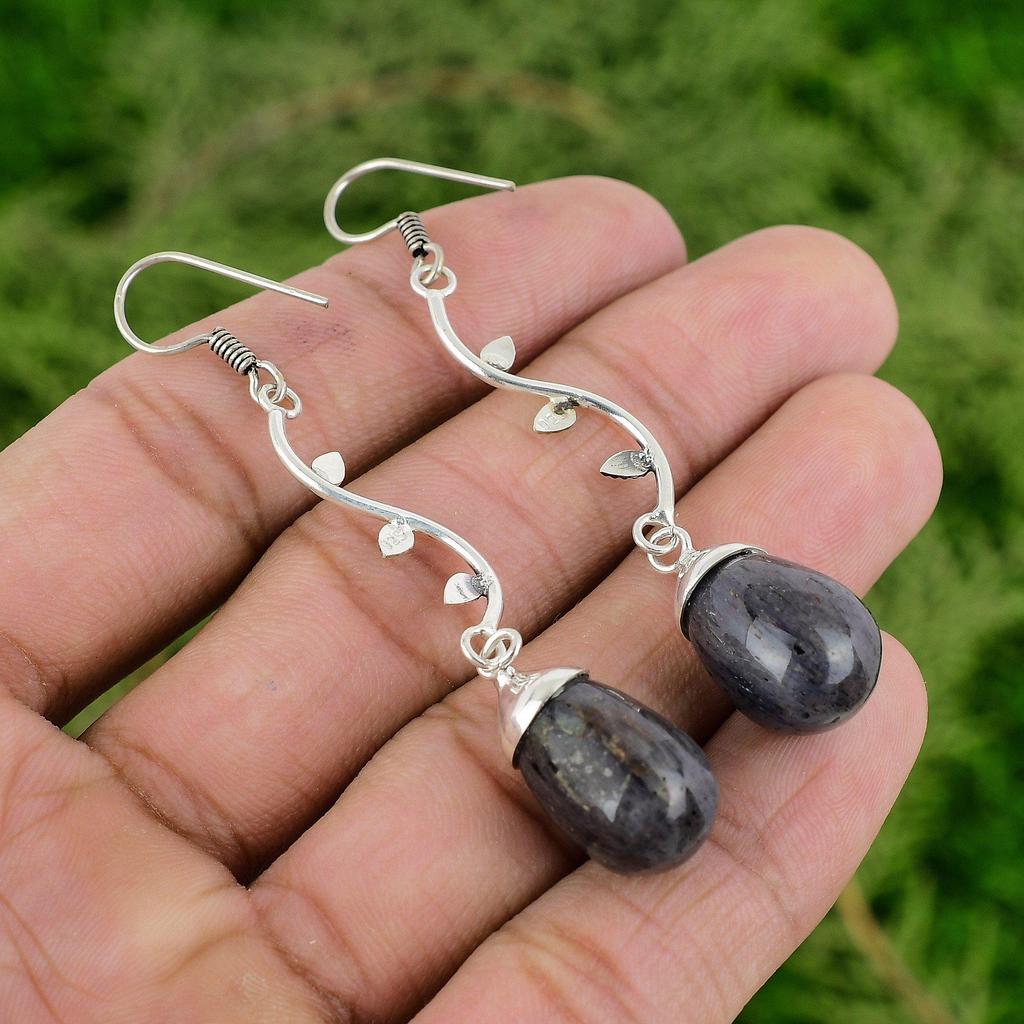 Teardrop Blue Aventurine Gemstone 925 Silver Dangle Drop Bezel Earrings Jewelry
