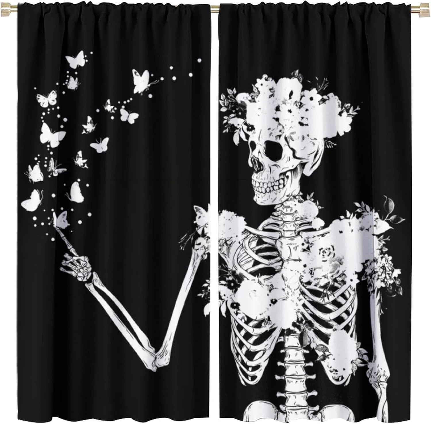 Gothic Floral Curtains, Vintage Sketch Skull Skeleton Moth Butterfly Rose Moon Seamless Pattern Window Treatments For Halloween 60×150cm