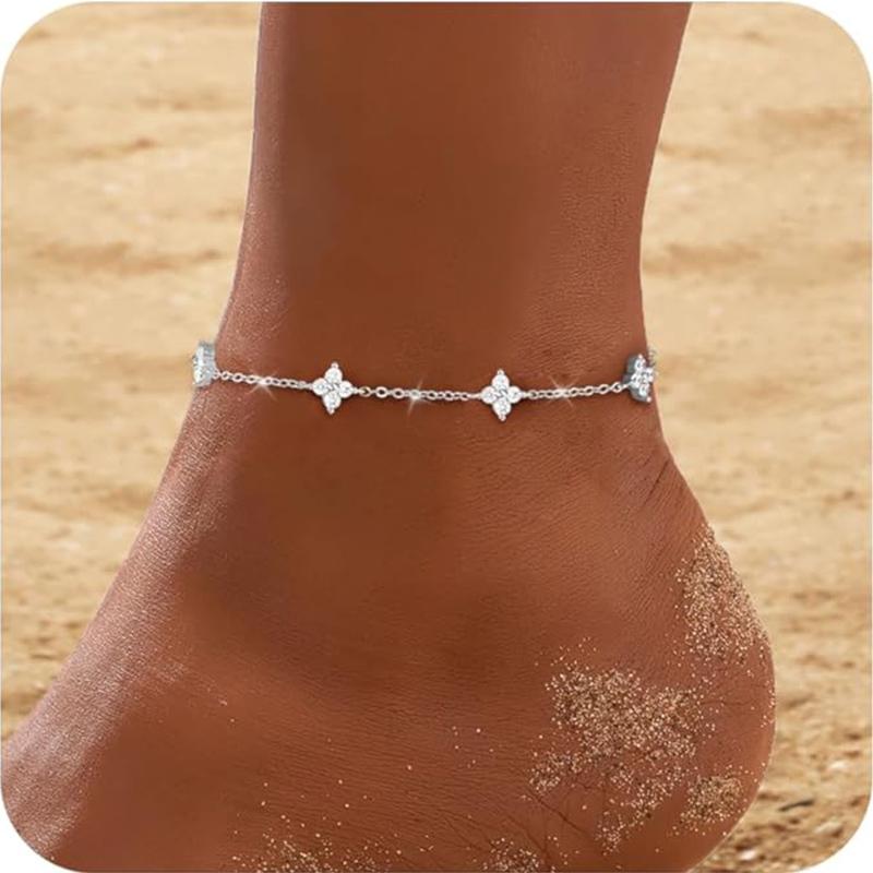Cavigliera in Argento 925 con Design a Quadrifoglio per Donna Cavigliera Sottile con Catena e Charm in Zirconia Cubica Regolabile Gioiello per Piede Fiore Portafortuna