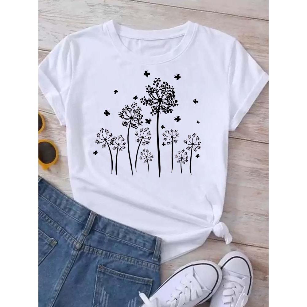 Dandelion graphic printing T-shirt women's summer short-sleeved round neck casual fashion streetwear top