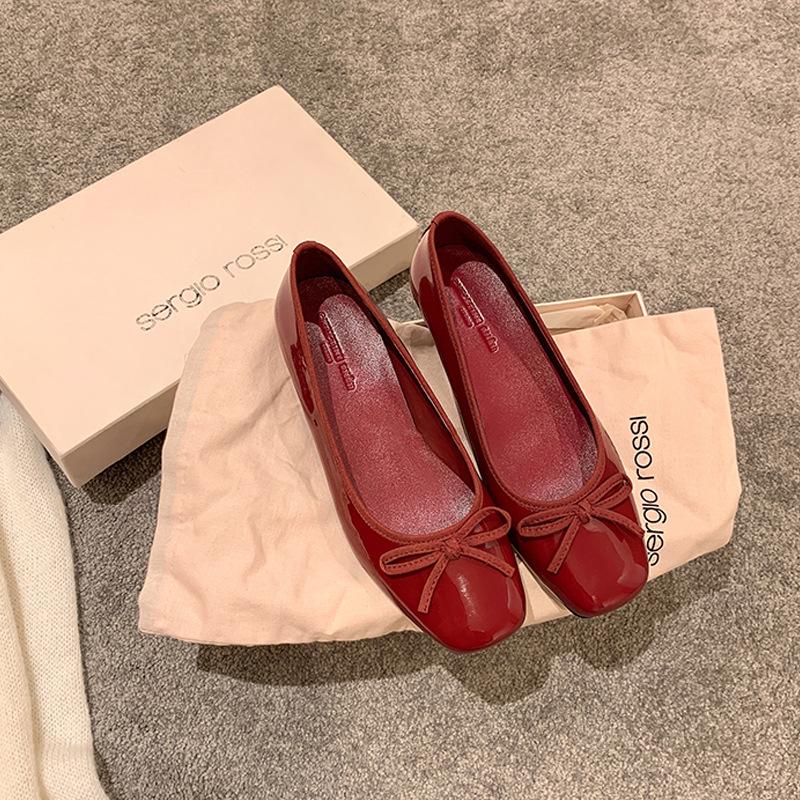 

Burgundy inner height increase square head bow commuter shoes women s ballet shoes ol flat shoes 34
