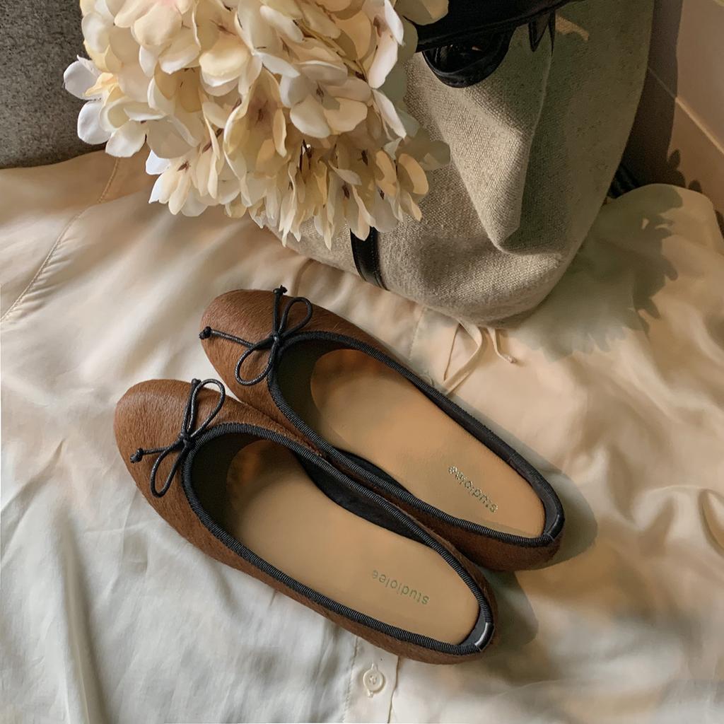 Sheepskin Version~ Grape Mother Same Leather Classic Round Head Bow Leopard Print Single Shoes Women's Shallow Mouth Ballet Flats