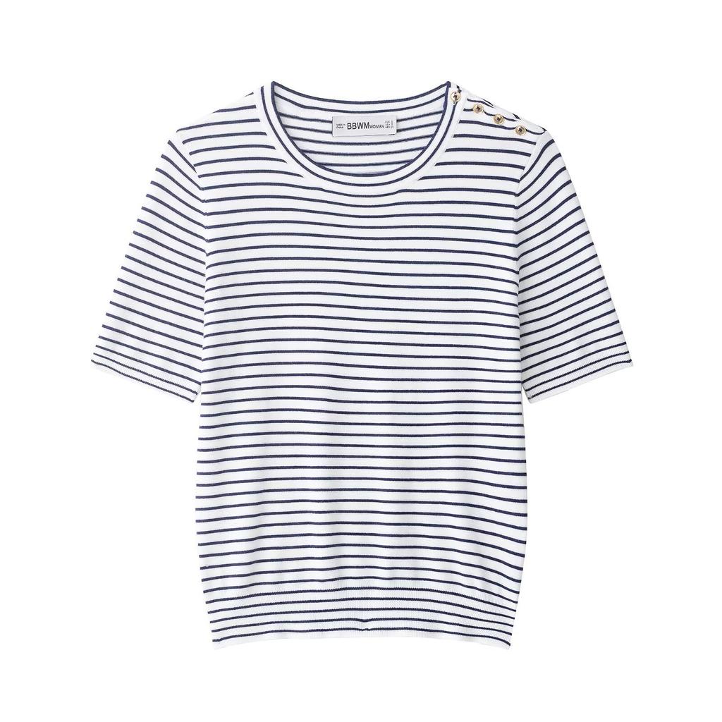 European and American French women's clothing fashion versatile temperament striped short-sleeved knitted sweater 8851009