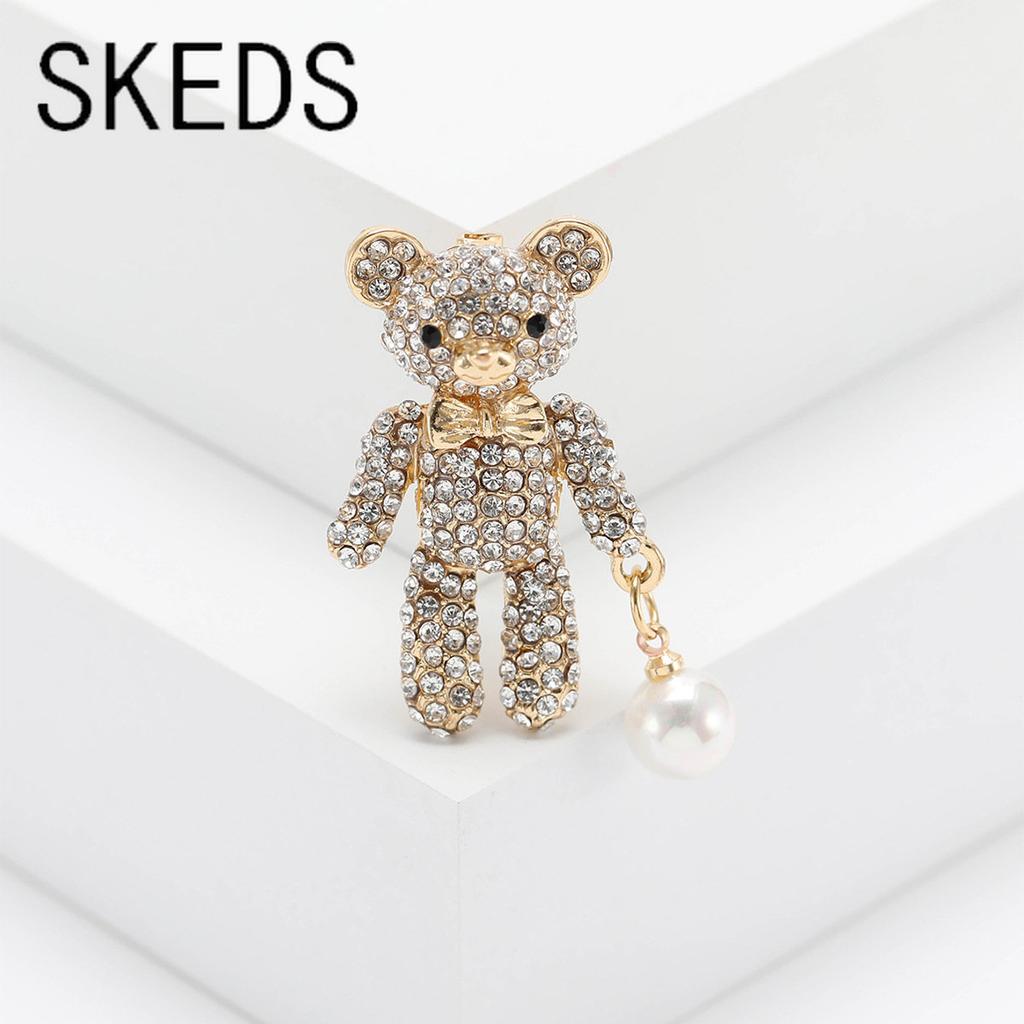 SKEDS New Arrival Women Shiny Full Crystal Bear Pearl Pendant Brooches Pins Fashion Design Animal Rhinestone High-end Badges