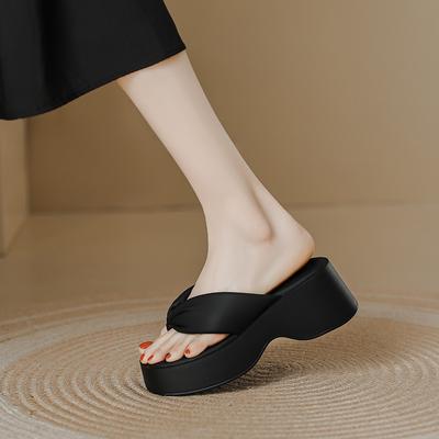 Thick-soled French Fairy Wind Toe Flip-flops Shoes for Women To Wear Summer New Square Head Slope Heel Beach Cool Slippers