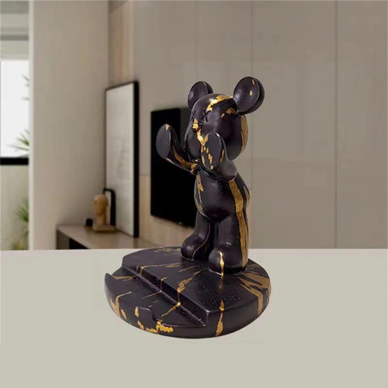 Cute Graffiti Bear Resin Statue & Phone Holder Funny Desk Decor Creative Gift for Friends Cool Bedroom Shelf Ornament With