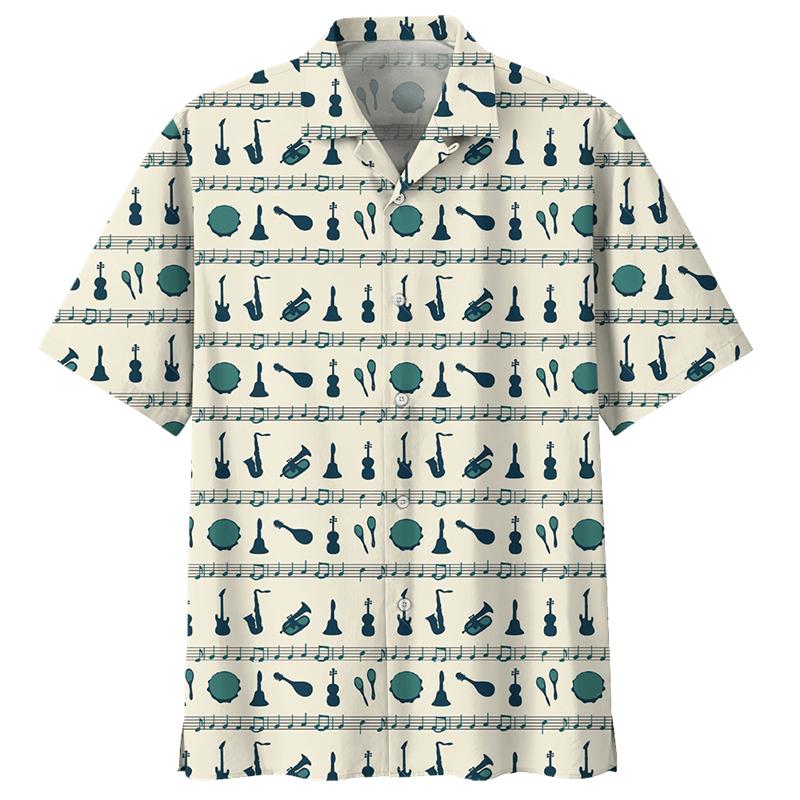Saxophone Guitar Pattern Shirt For Men 3D Printed Musical Instrument Blouse Loose Lapel Short Sleeve Button Hawaiian Shirts