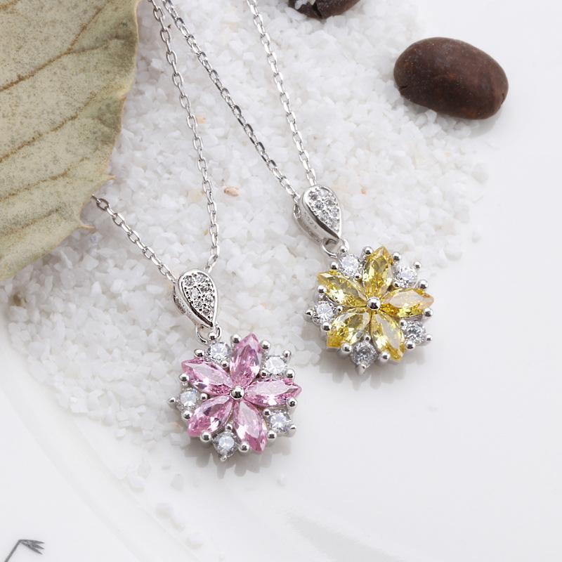 Buyee 925 Sterling Silver Flower Pendant Chain Pink & Yellow Crystal Cherry Blossoms Pendant for Woman Fine Jewelry Chain