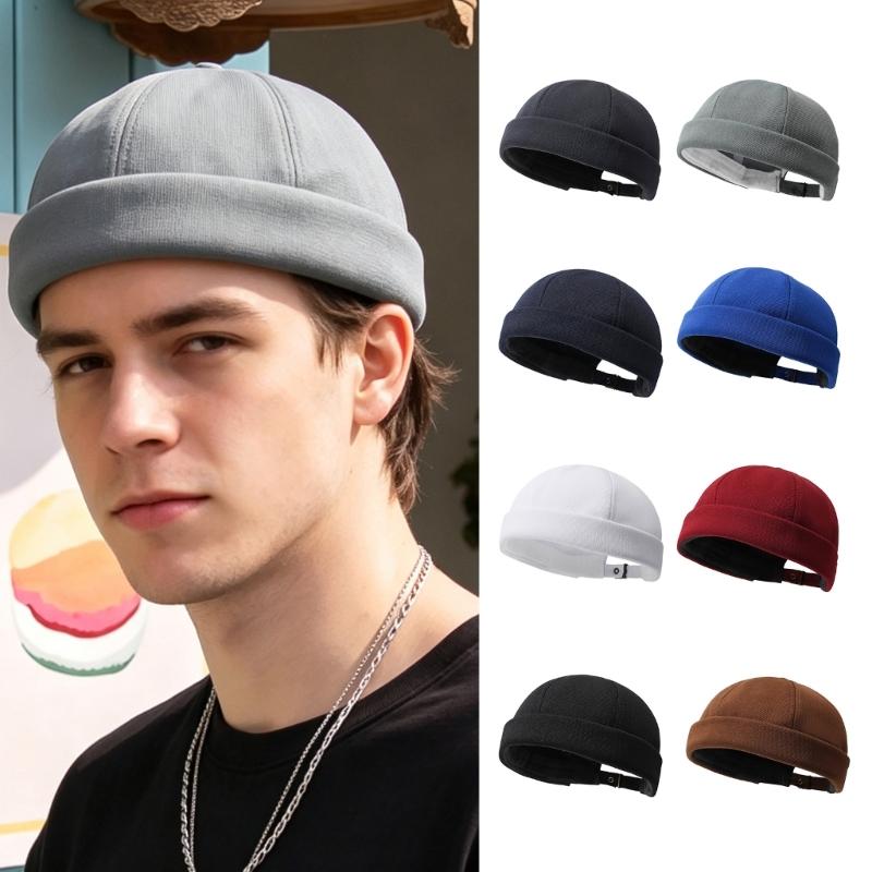 Round Brimless Cap for Casual Outfit Styling, Folded Band Docker Hat with Textured Woven Design, Adjustable Skull Hat for Women Men