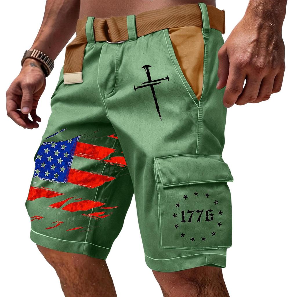 Men's Casual Multi Pocket Cargo Shorts with Flag and Lettering Print Functional Outdoor Workwear Shorts Without Belt