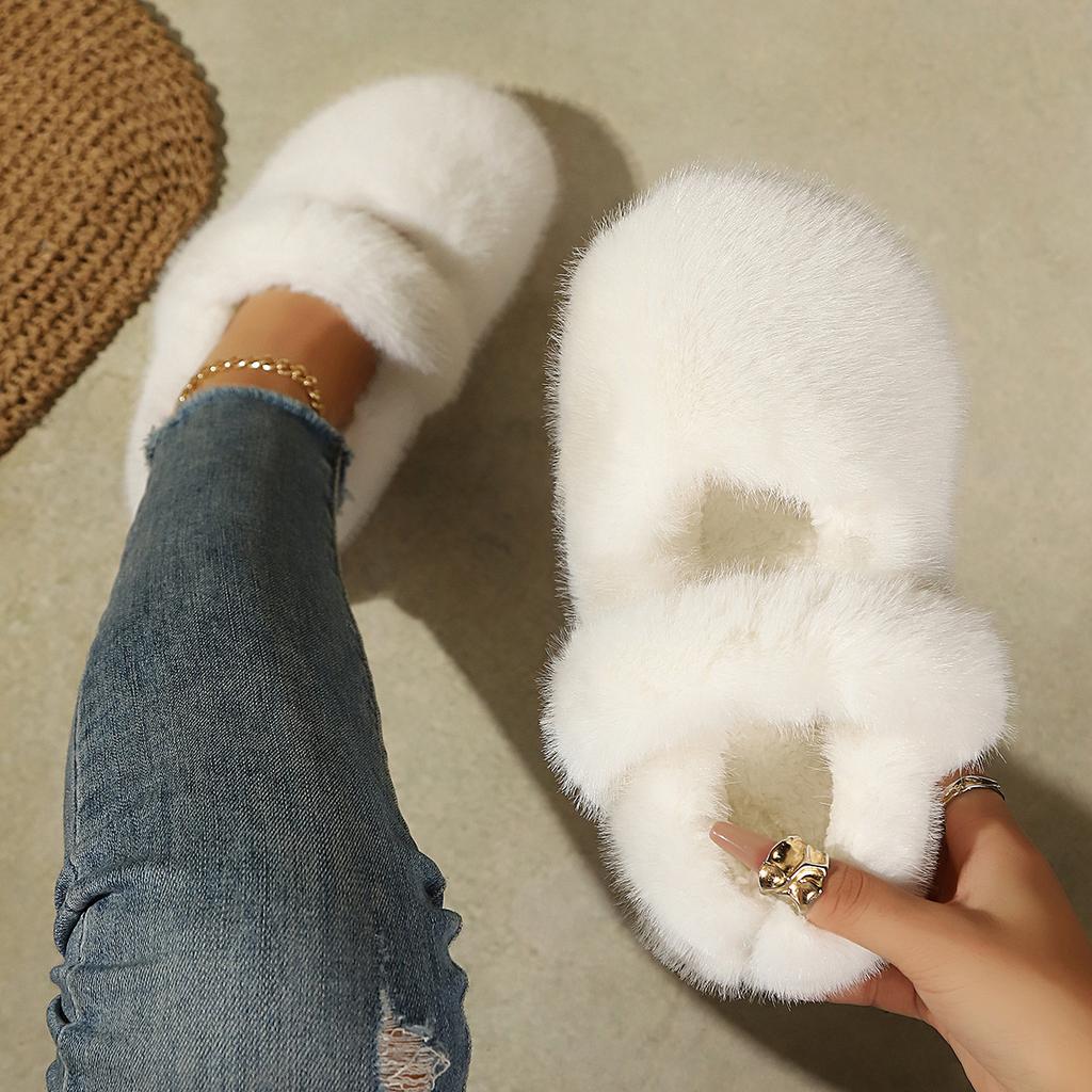 Women White Furry Flat Moccasin Loafers, Fleece Lined French Style Warm Cotton Shoes for Autumn Winter Outdoor Wear