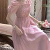 Gentle Style Summer Dress: French Square Neck, Puff Sleeve, Slim Fit, Campanula Style.