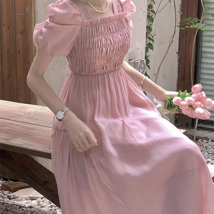 Gentle Style Summer Dress: French Square Neck, Puff Sleeve, Slim Fit, Campanula Style.