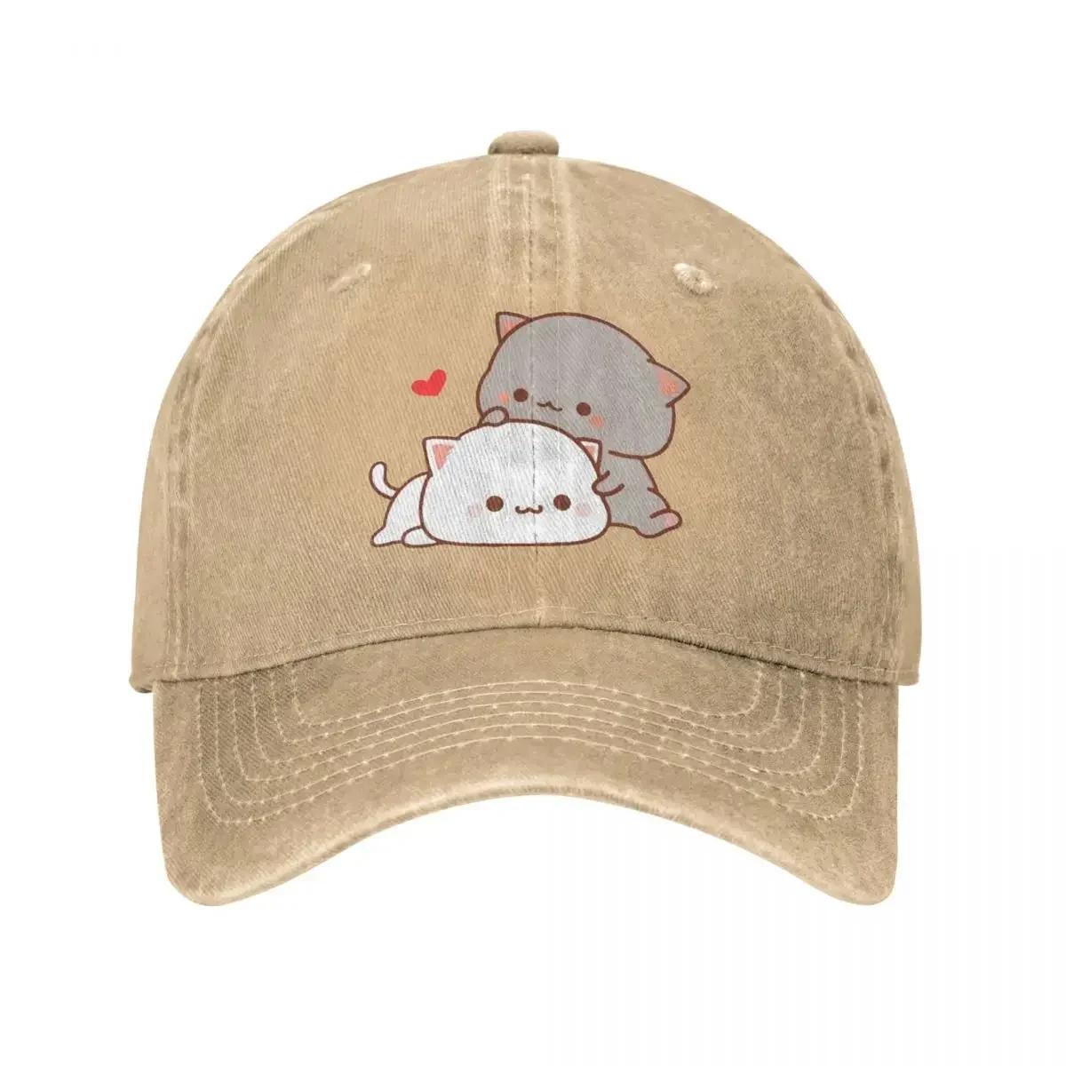 Peach And Goma Cartoon Unisex Baseball Cap Mocha Mochi Peach Cat Distressed Washed Hats Cap Retro Outdoor Workouts Snapback Cap One Size