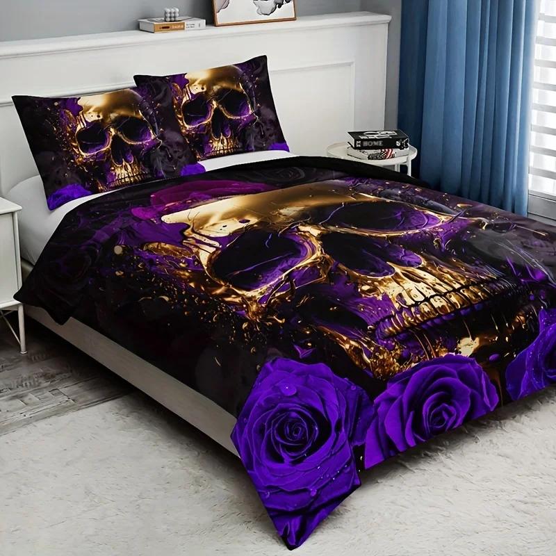 Soft And Breathable Duvet Cover Set Purple Rose Skull Pattern Bedding Set For Bedroom Guest Room And Dorm Decor