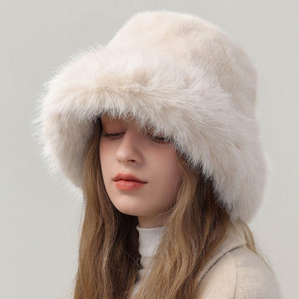 Imitation Fur Plush Bucket Hat Warm Winter Cap Retro Artificial Fur Hat  Winter/Autumn
