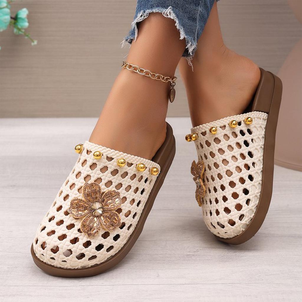 Summer Women Mesh Hollow Woven Open Toe Slippers Lightweight Breathable Slip On Casual Flat Sandals for Indoor Outdoor Use