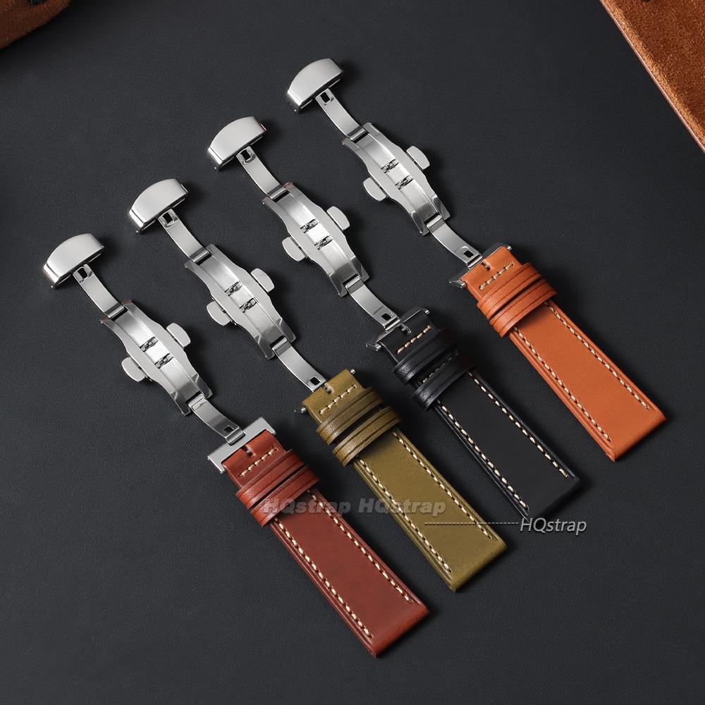 Smooth Calfskin Leather Watch Band 20mm 22mm Straps Stainless Steel Butterfly Buckle Leather Bracelet Black Brown Wristband Belt