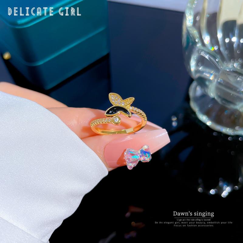 Real Gold Dripping Oil Butterfly Full Diamond Ring Opening Adjustable Simple Jewelry Japanese Ring Couple Ring