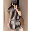 Women's Korean Style Casual Two-Piece Set: Striped Short-Sleeve Sweatshirt, Fashionable and Sporty, Slimming and Trendy.