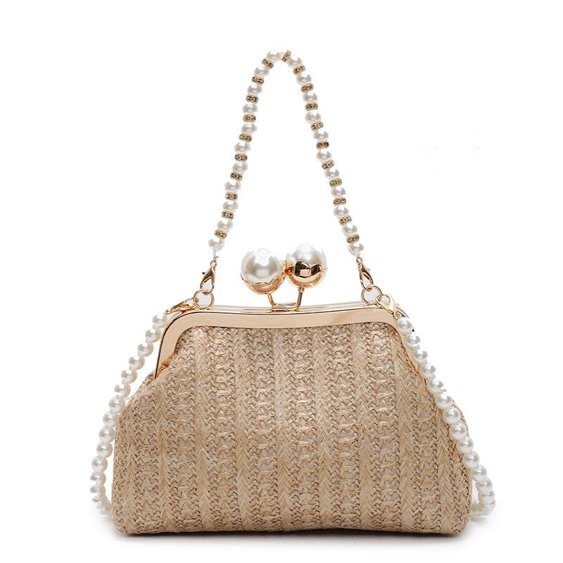 New design fashionable straw woven pearl portable dinner bag personalized mix and match style casual personality messenger women's bag