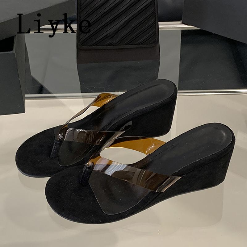 Fashion Liyke PVC Transparent Pinch Narrow Band Women Slippers Wedge Sandals Beach Party Mules Slides Shoes Summer High Heels Flip Flops