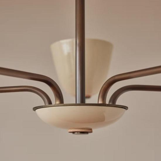 1950s Mid-Century Modern Brass Chandelier | Handmade Wooden Ball 5 Arms Italian Modern Ceiling Pendant | Stilnovo Brass Ceiling Fixture