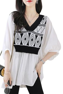 [ZHENGTU] Women's Blouse Top – V-Neck, 3/4 Sleeve, Layered Summer Shirt, White, Size XL